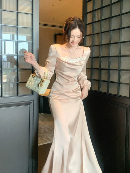 French-Style Pink Satin Long-Sleeved Dress Square Neck Mermaid Bodycon Dress  P669