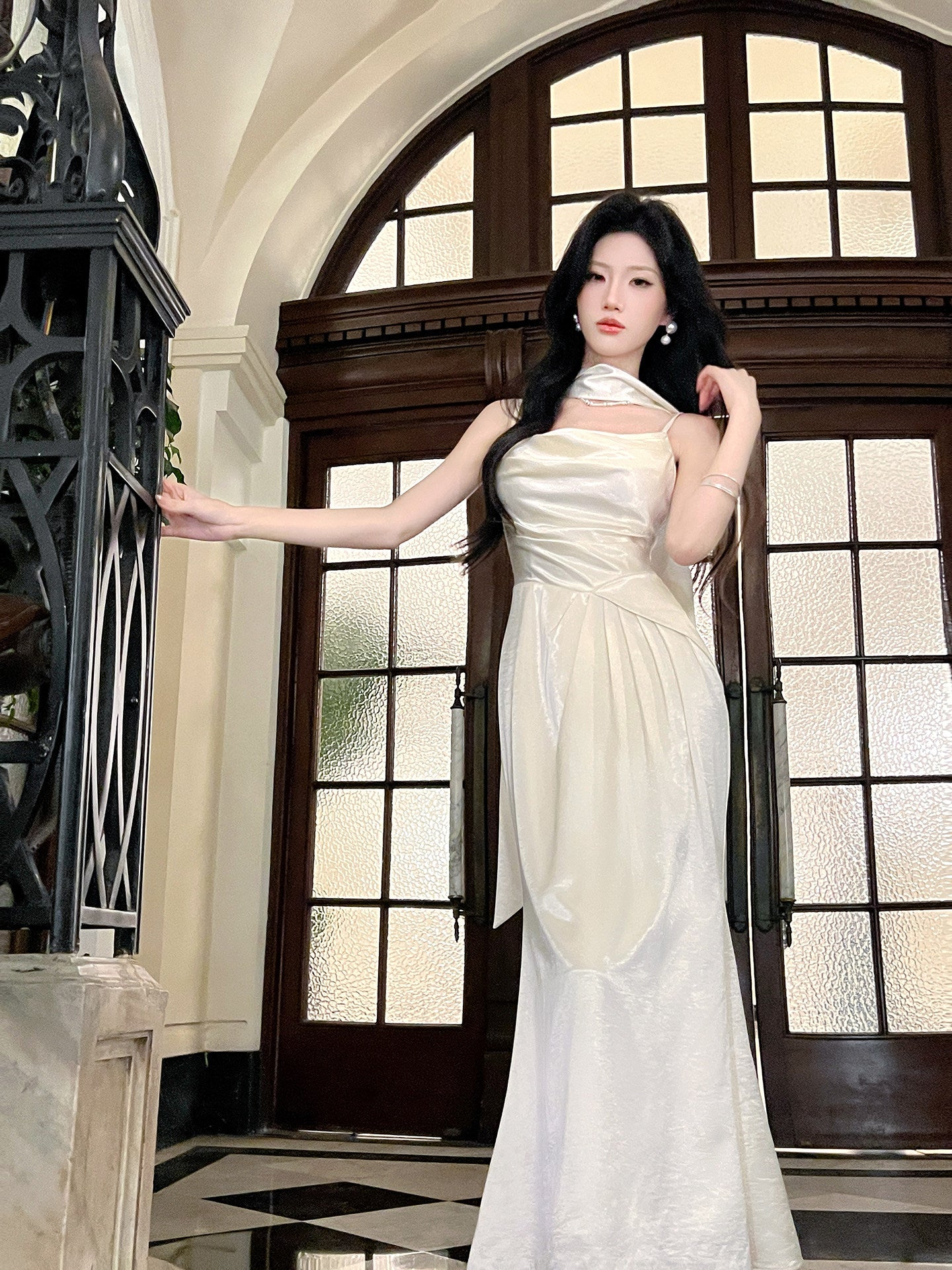 French-Style Pink Satin Long-Sleeved Dress Square Neck Mermaid Bodycon Dress  P670