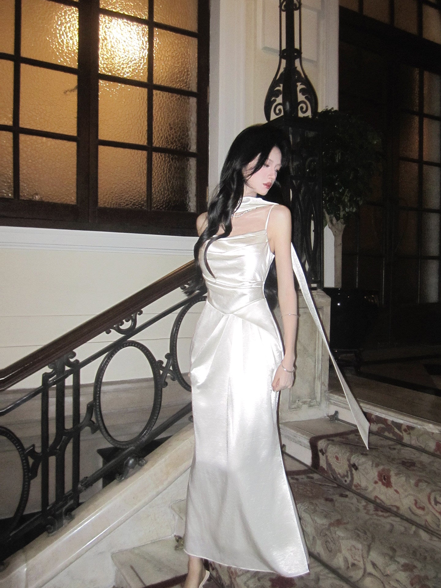 French-Style Pink Satin Long-Sleeved Dress Square Neck Mermaid Bodycon Dress  P670