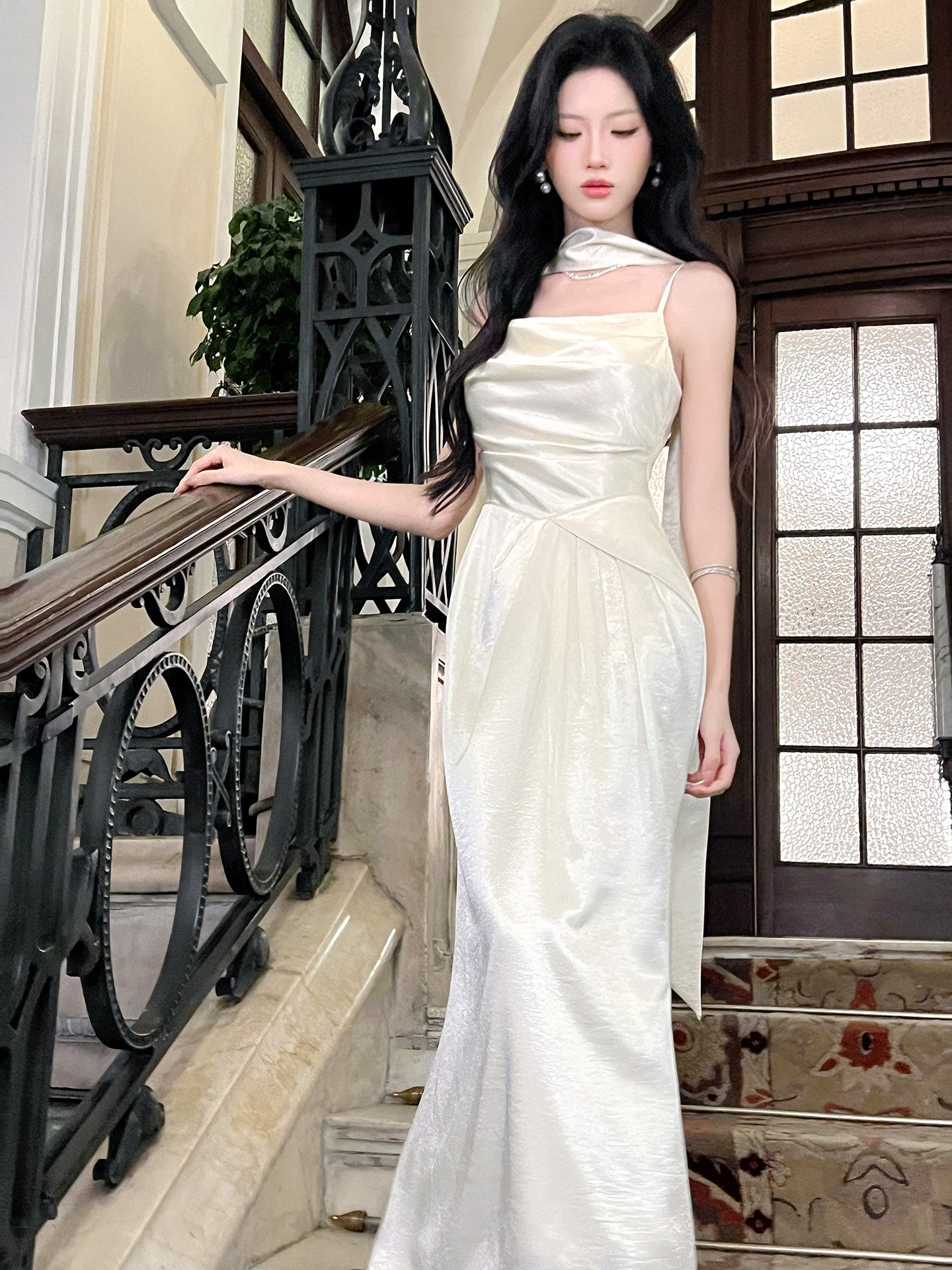 French-Style Pink Satin Long-Sleeved Dress Square Neck Mermaid Bodycon Dress  P670