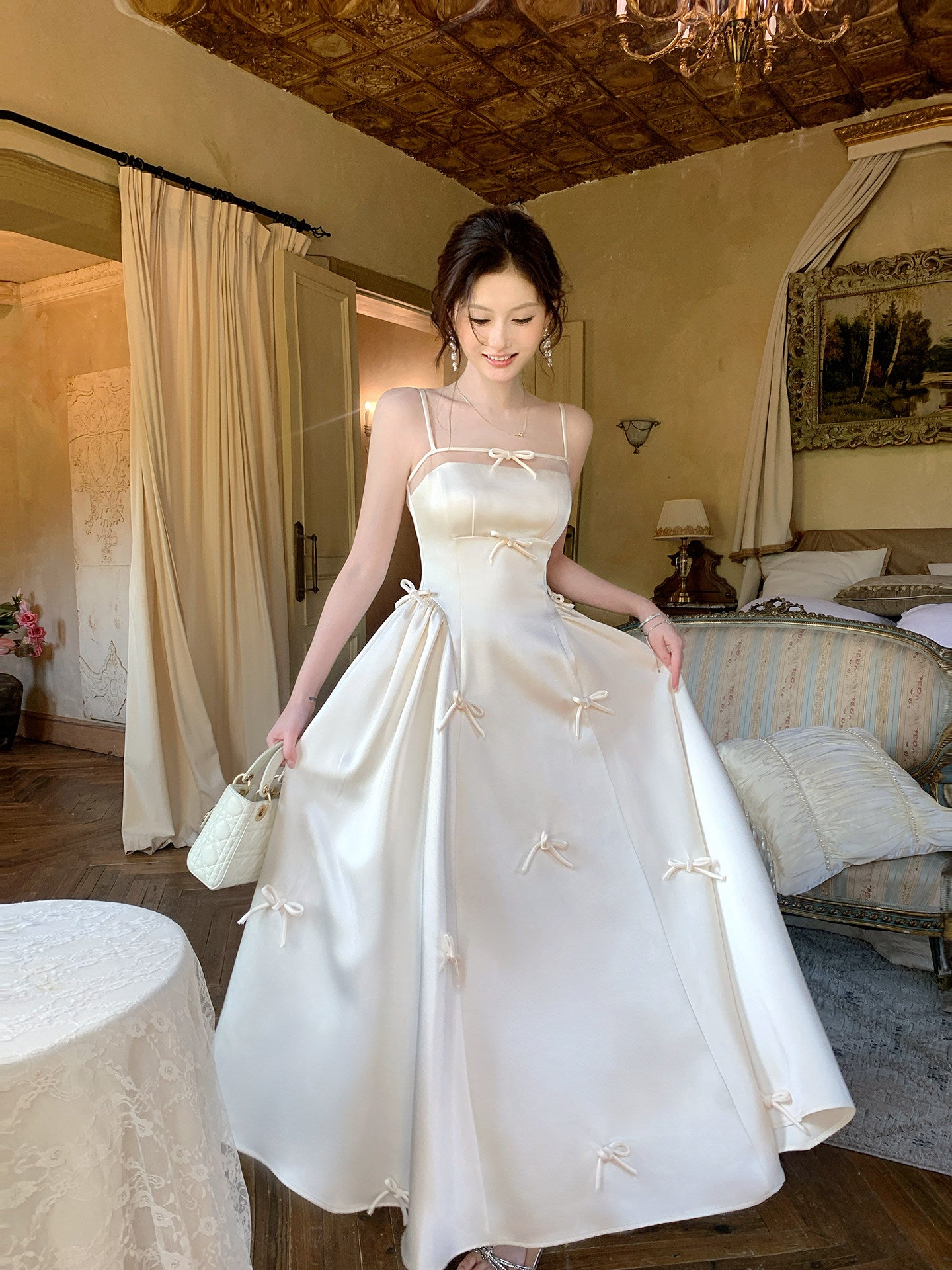 French-Style Pink Satin Long-Sleeved Dress Square Neck Mermaid Bodycon Dress  P671