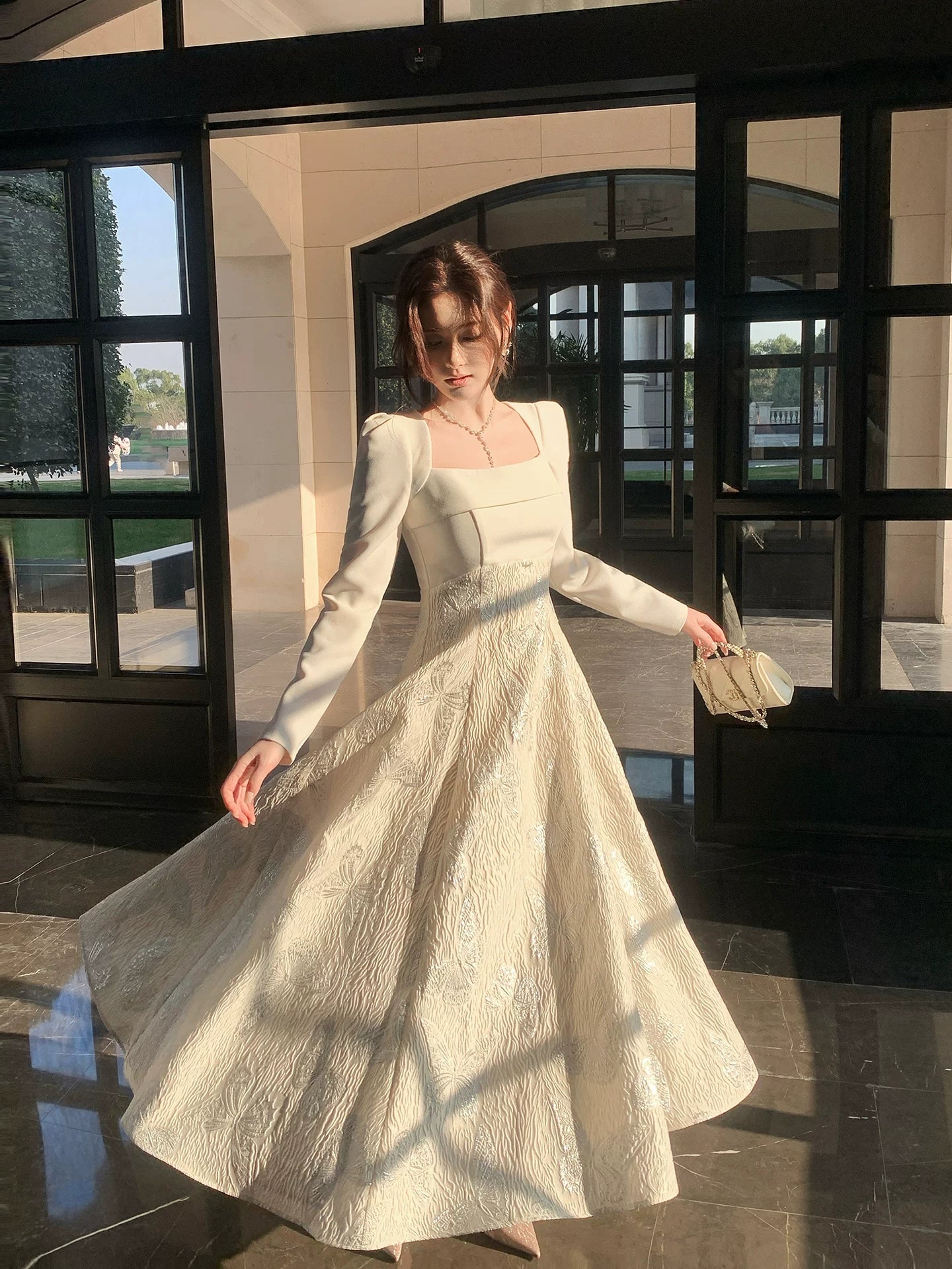 French-Style Square Neckline Long-Sleeved Embroidered A-Line Formal Dress  L56