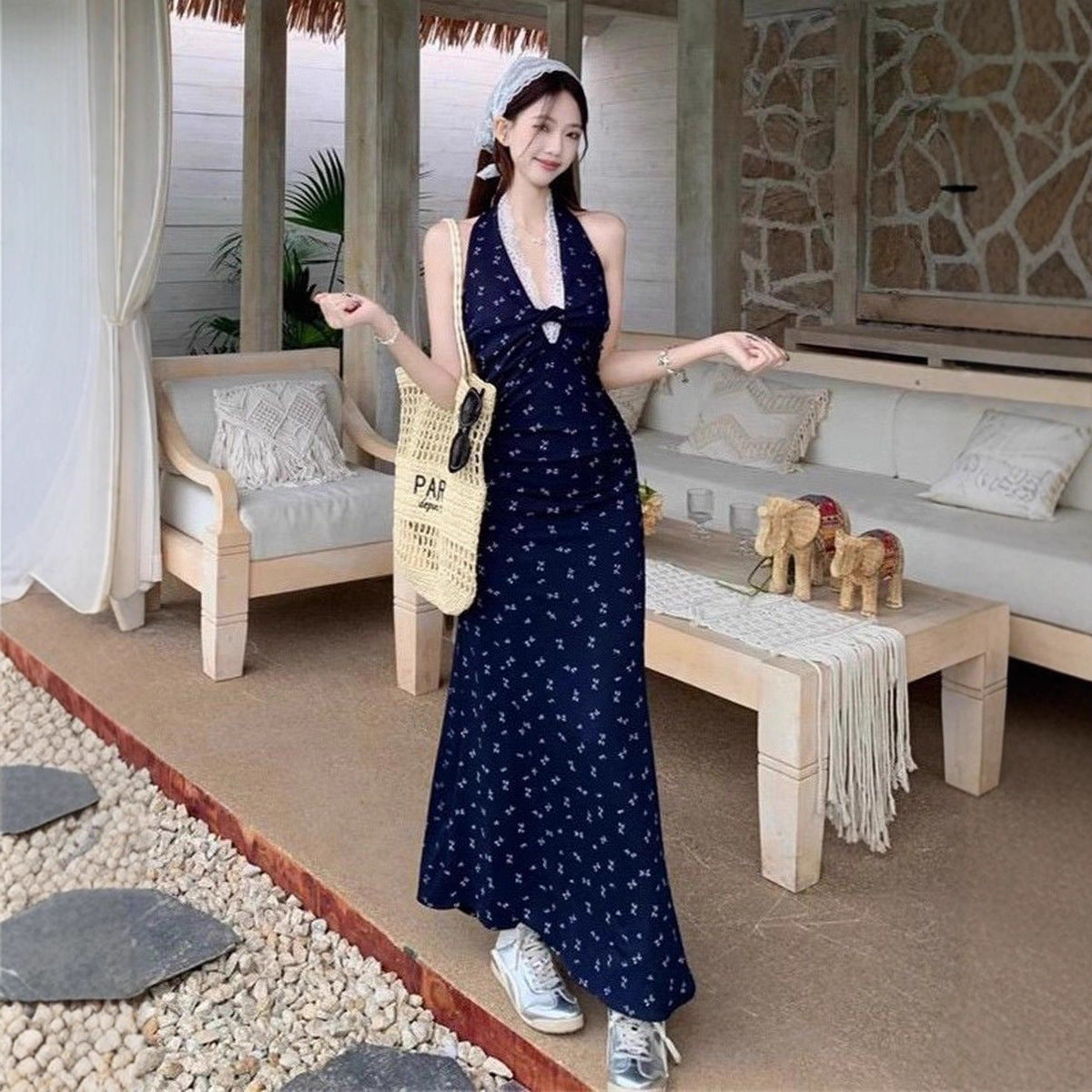 French-style Lace Floral Halter Navy Blue Dress   L74