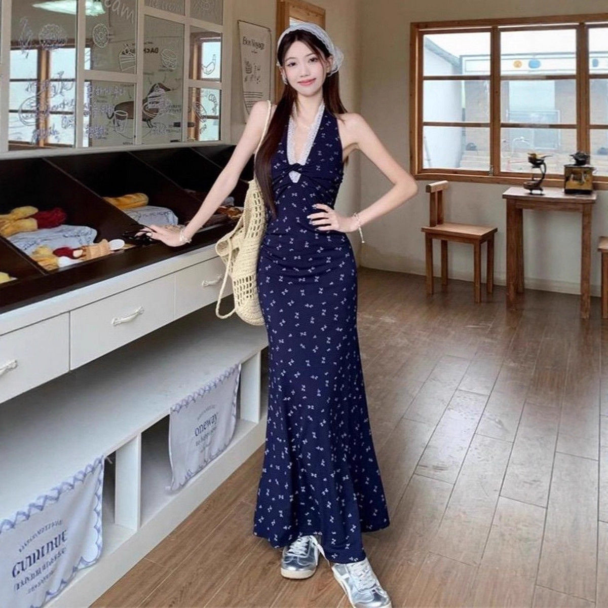 French-style Lace Floral Halter Navy Blue Dress   L74
