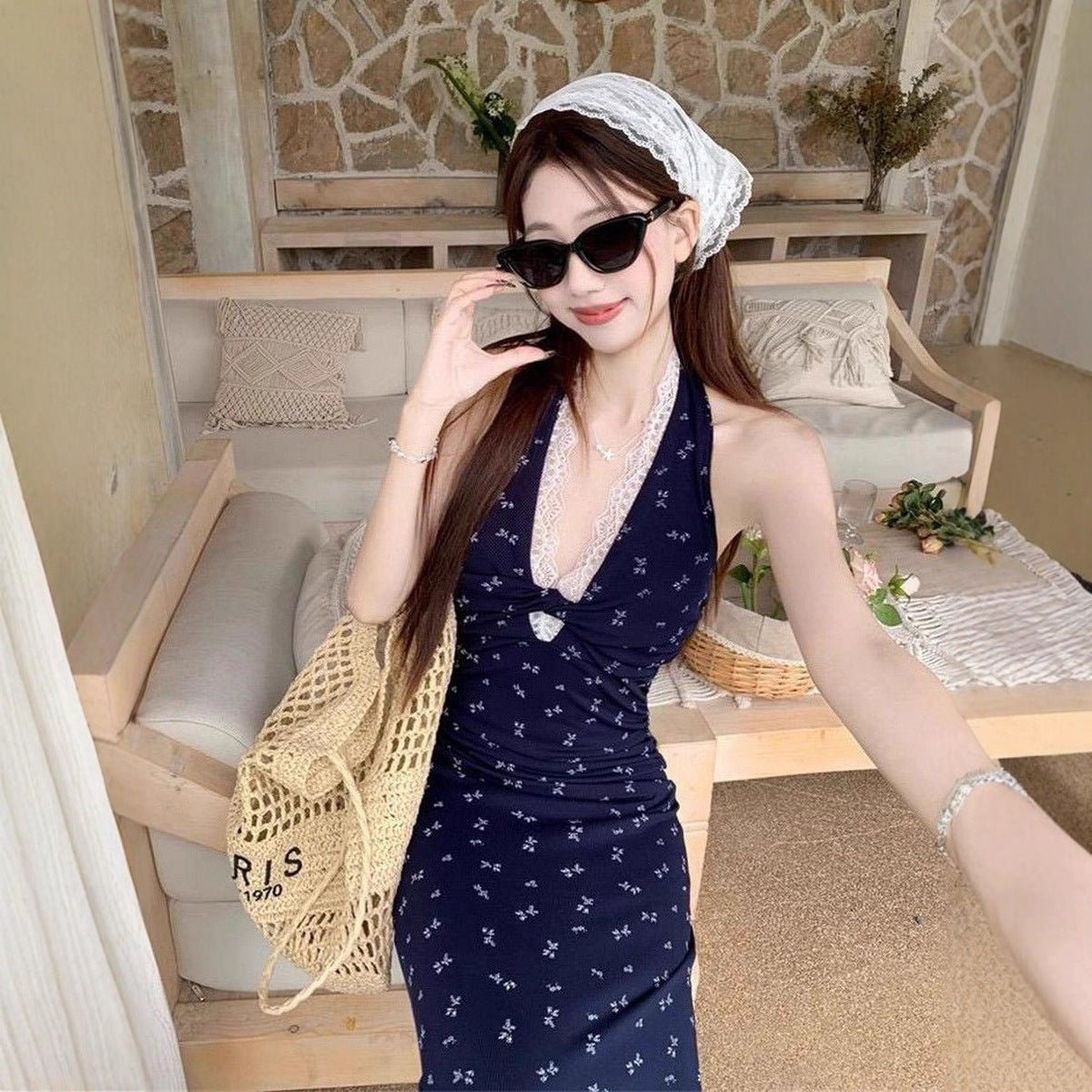 French-style Lace Floral Halter Navy Blue Dress   L74