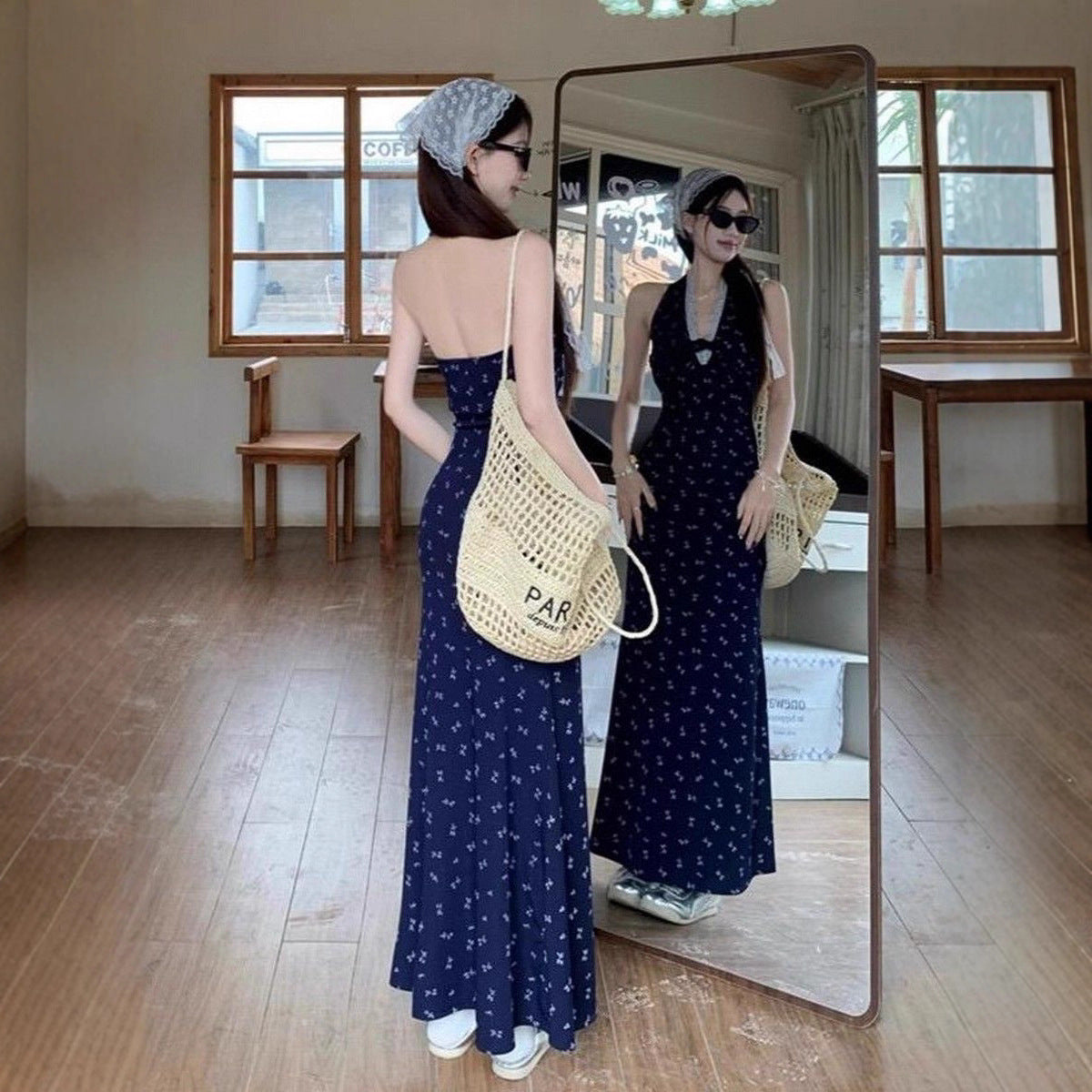 French-style Lace Floral Halter Navy Blue Dress   L74