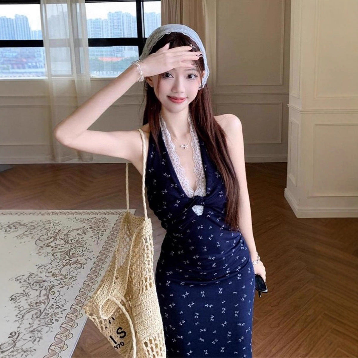 French-style Lace Floral Halter Navy Blue Dress   L74