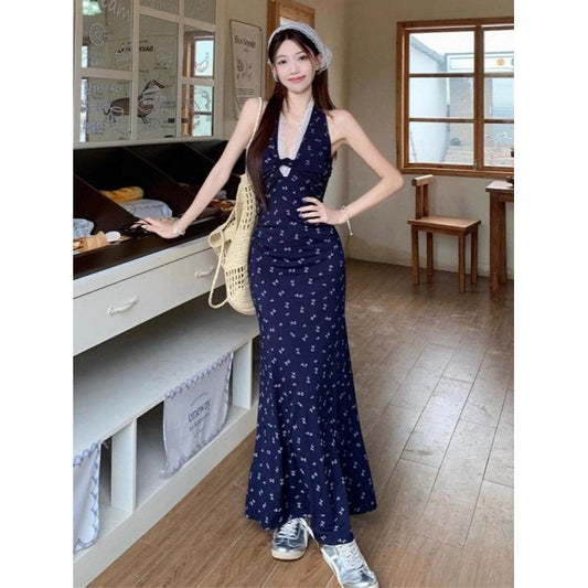 French-style Lace Floral Halter Navy Blue Dress   L74
