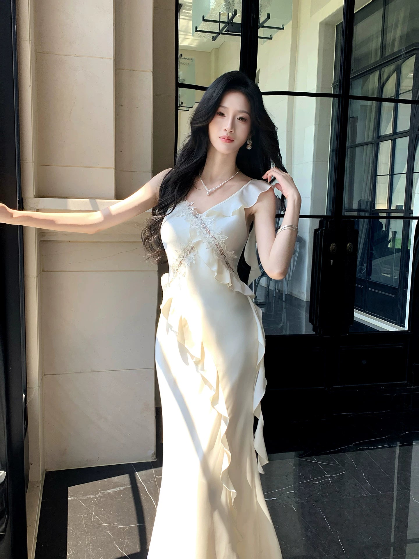 French Lace Ruffled Long Mermaid Formal Dress  Birthday Gown  L137