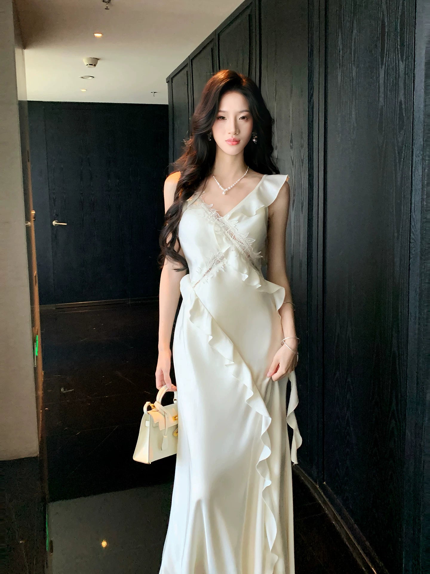 French Lace Ruffled Long Mermaid Formal Dress  Birthday Gown  L137