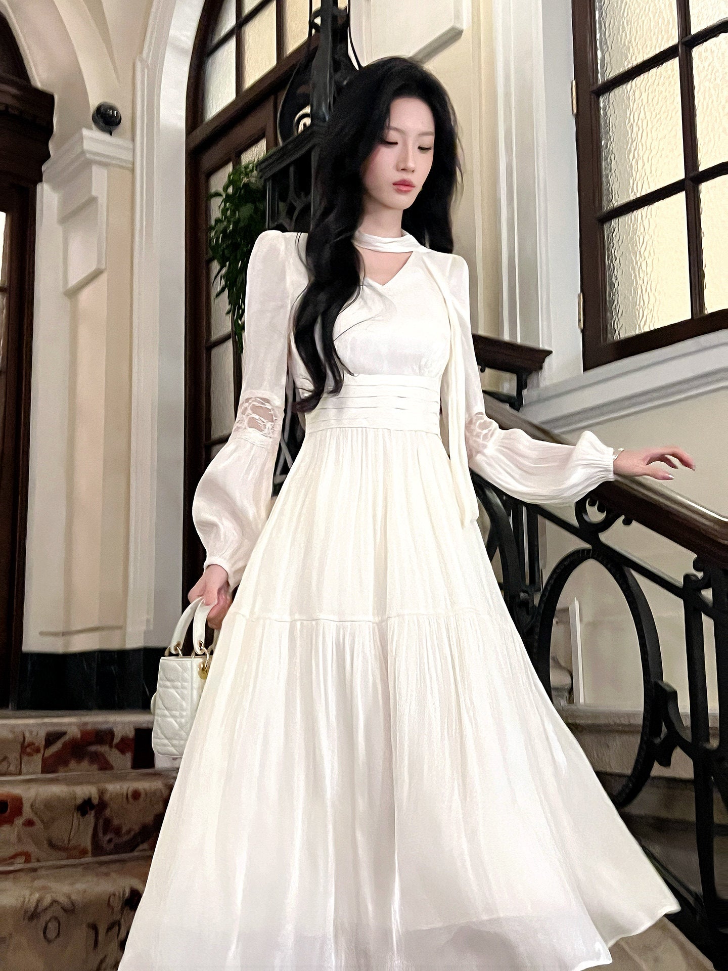 French Lace V-neck Dress with Fitted Waist  Long Sleeves A-line Maxi Dress  L60