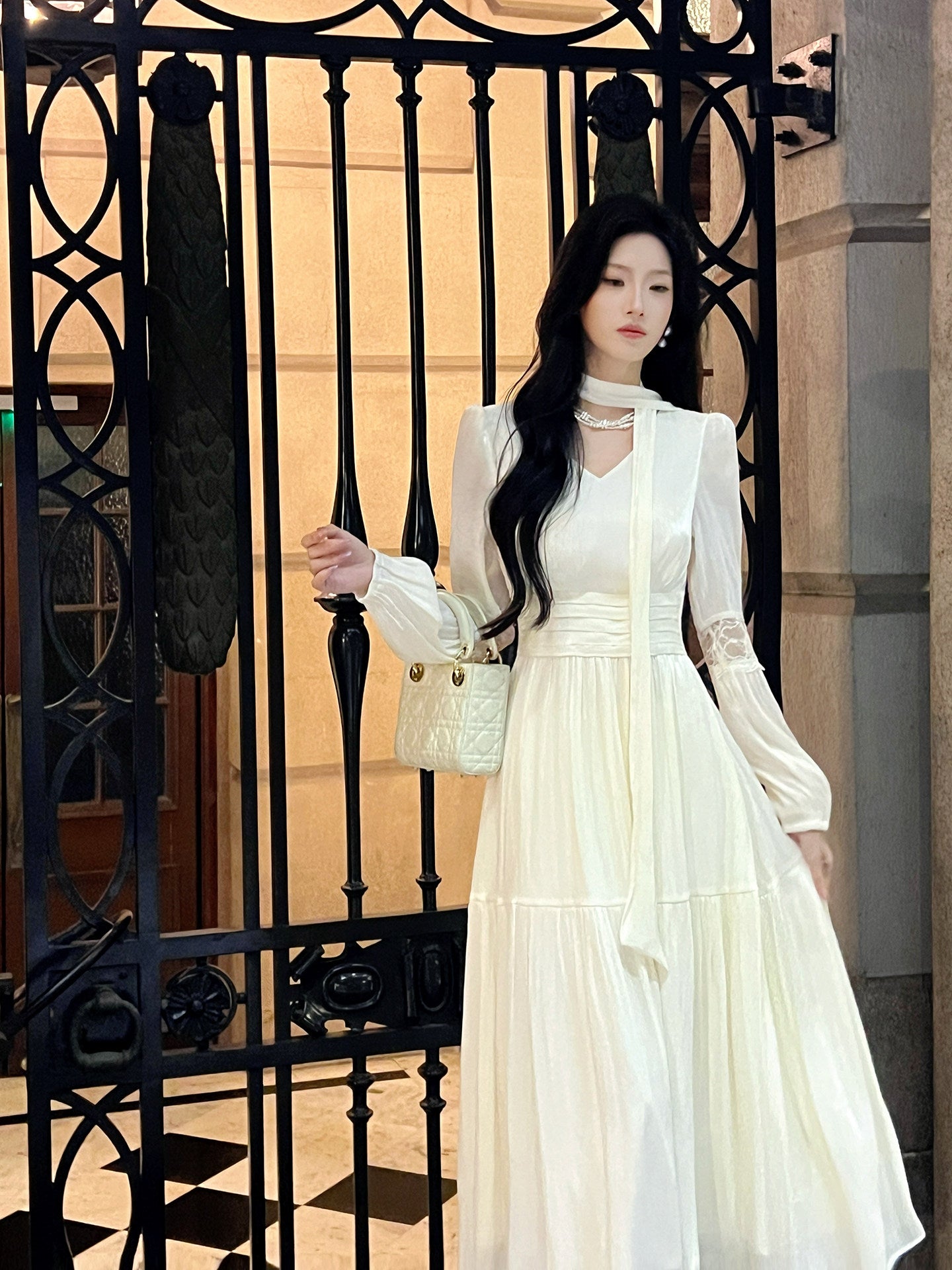French Lace V-neck Dress with Fitted Waist  Long Sleeves A-line Maxi Dress  L60