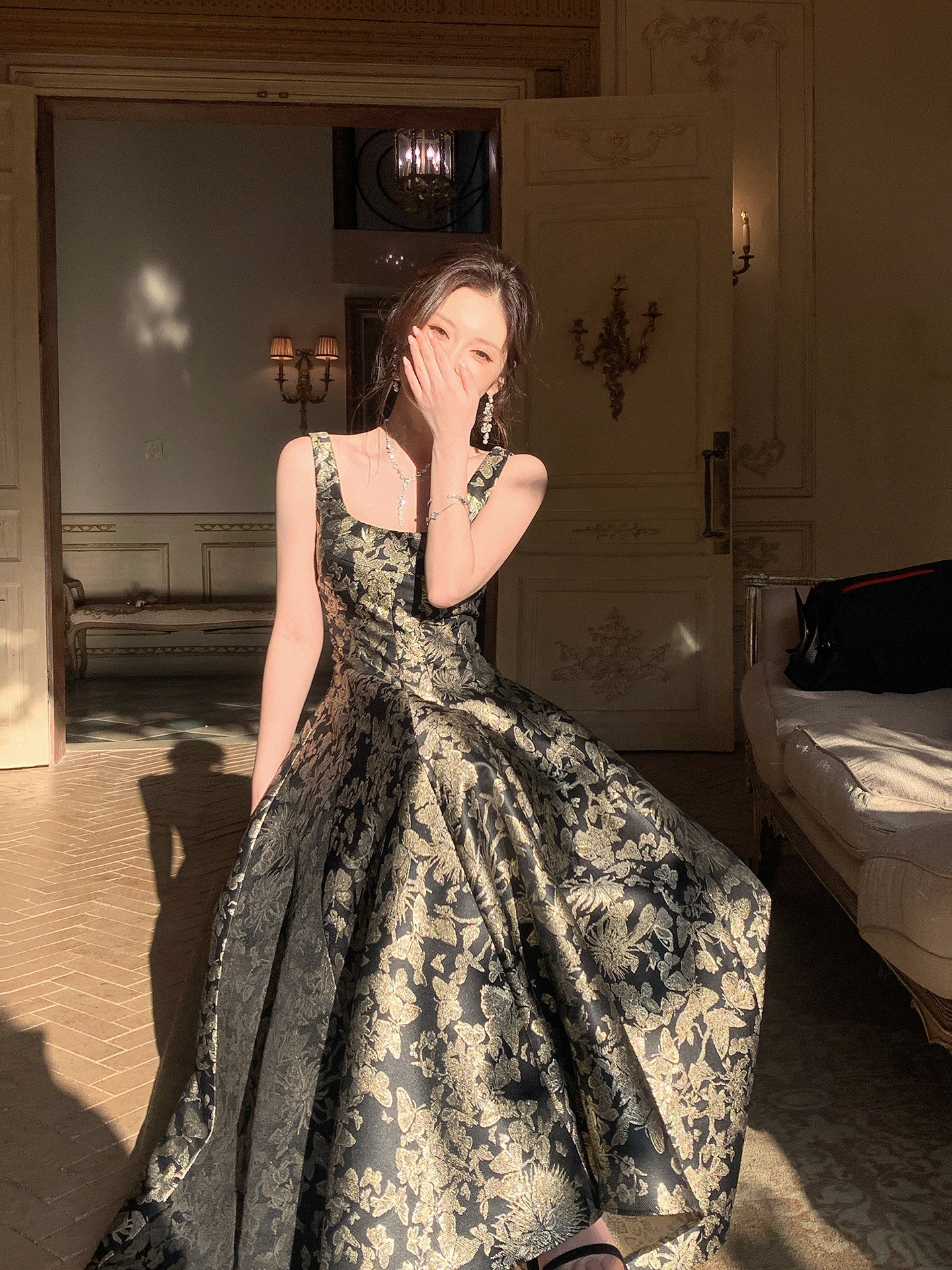 French Retro A Line Black Prom Dress Gold Jacquard Birthday Gown  L50