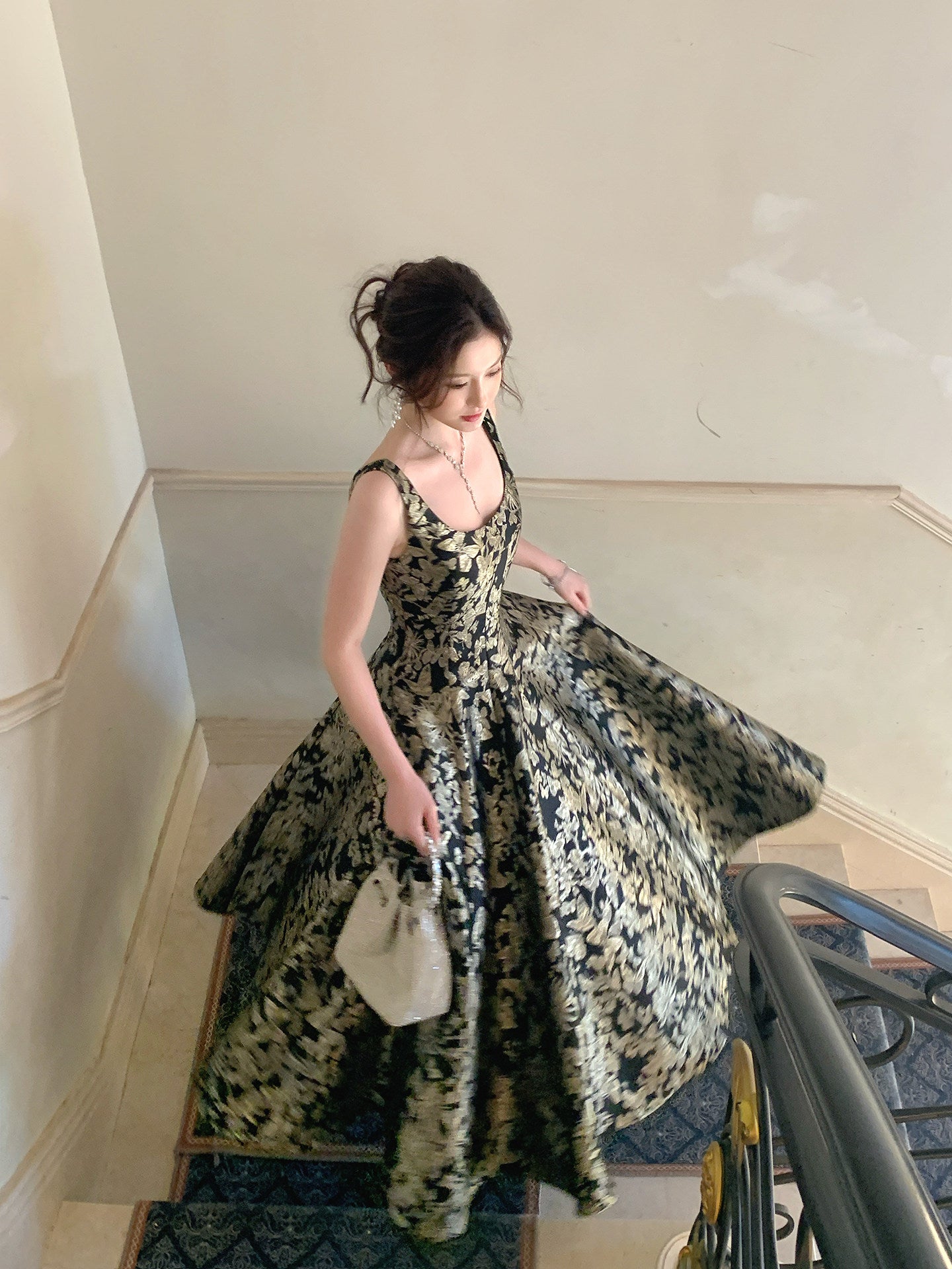 French Retro A Line Black Prom Dress Gold Jacquard Birthday Gown  L50