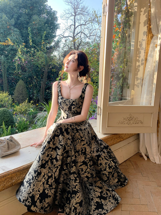 French Retro A Line Black Prom Dress Gold Jacquard Birthday Gown  L50