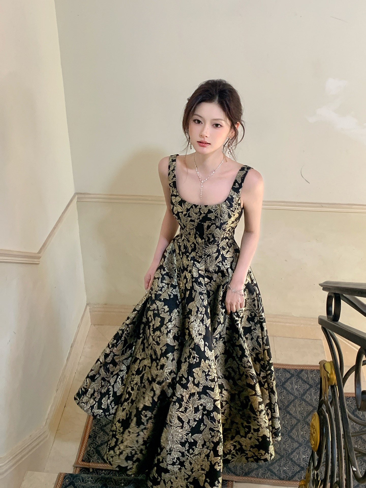 French Retro A Line Black Prom Dress Gold Jacquard Birthday Gown  L50