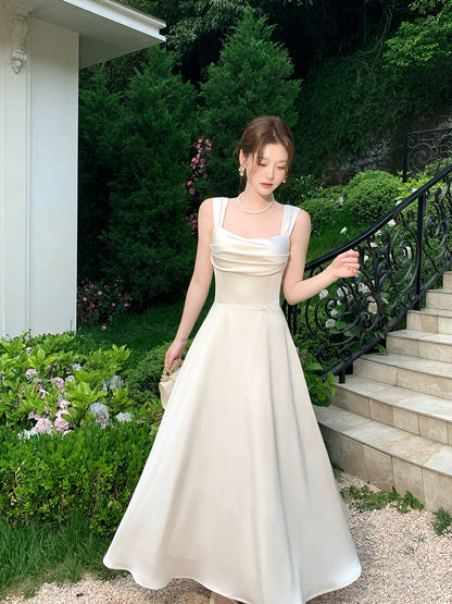 French Style  A Line Ivory Wedding Dress Satin Birthday Dress  P1633