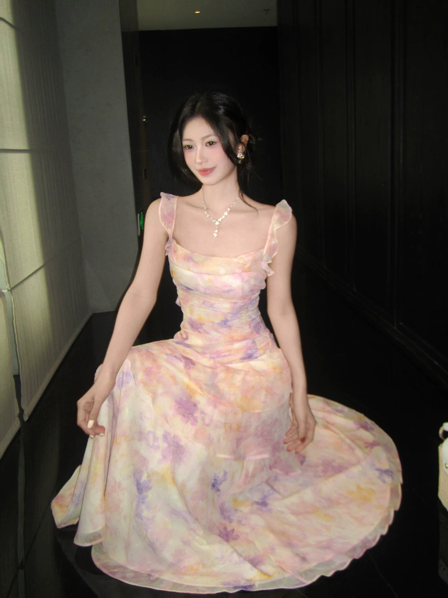 French Style Pink Floral Print Dress Ruffled Fairy Dress  L104