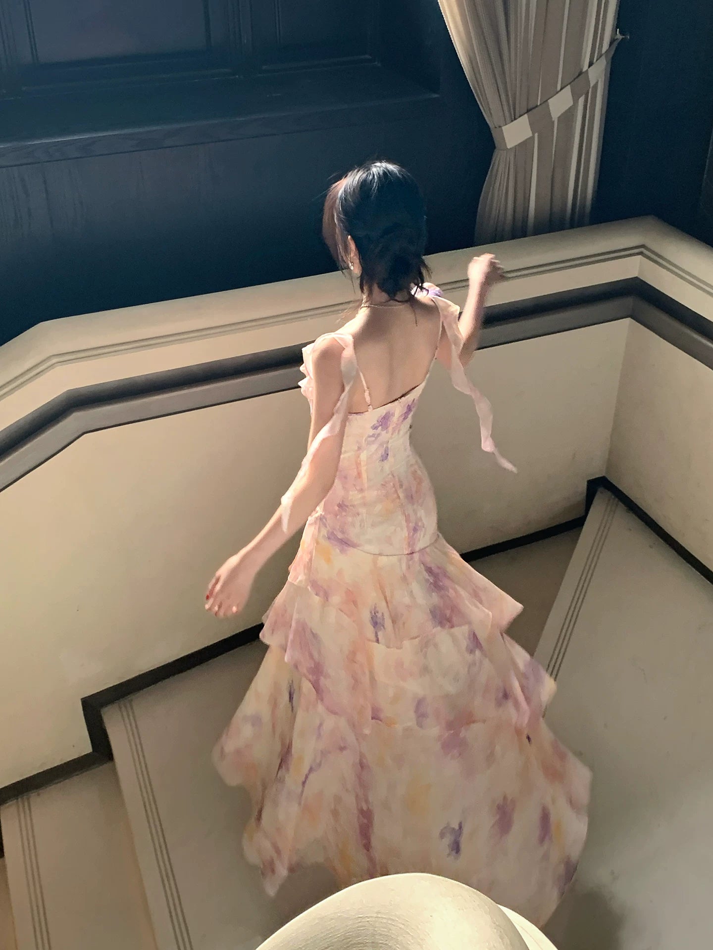 French Style Pink Floral Print Dress Ruffled Fairy Dress  L104