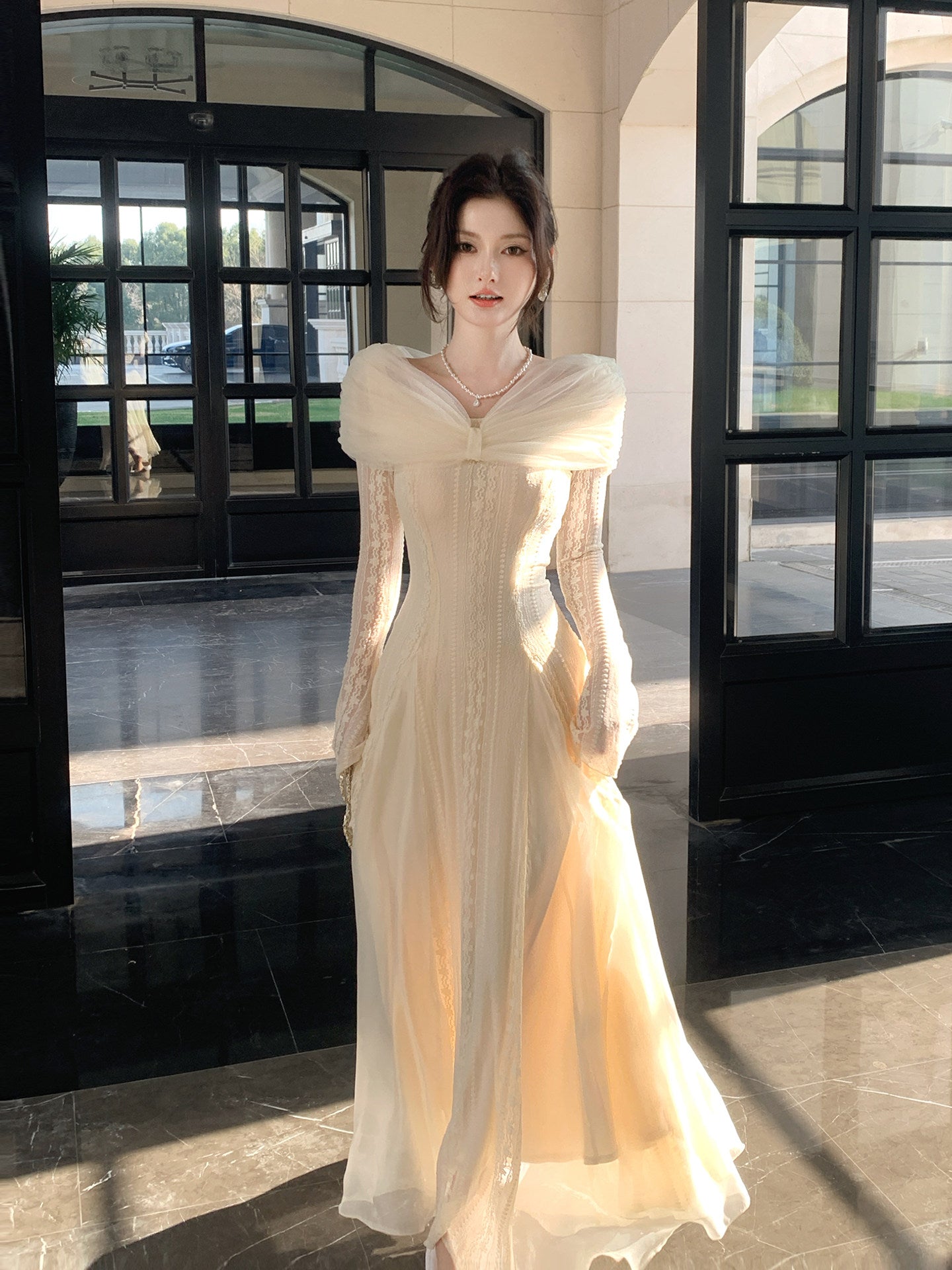 French Style Retro Tulle Lace Off-the-shoulder Dress for Women Formal Wear  L49
