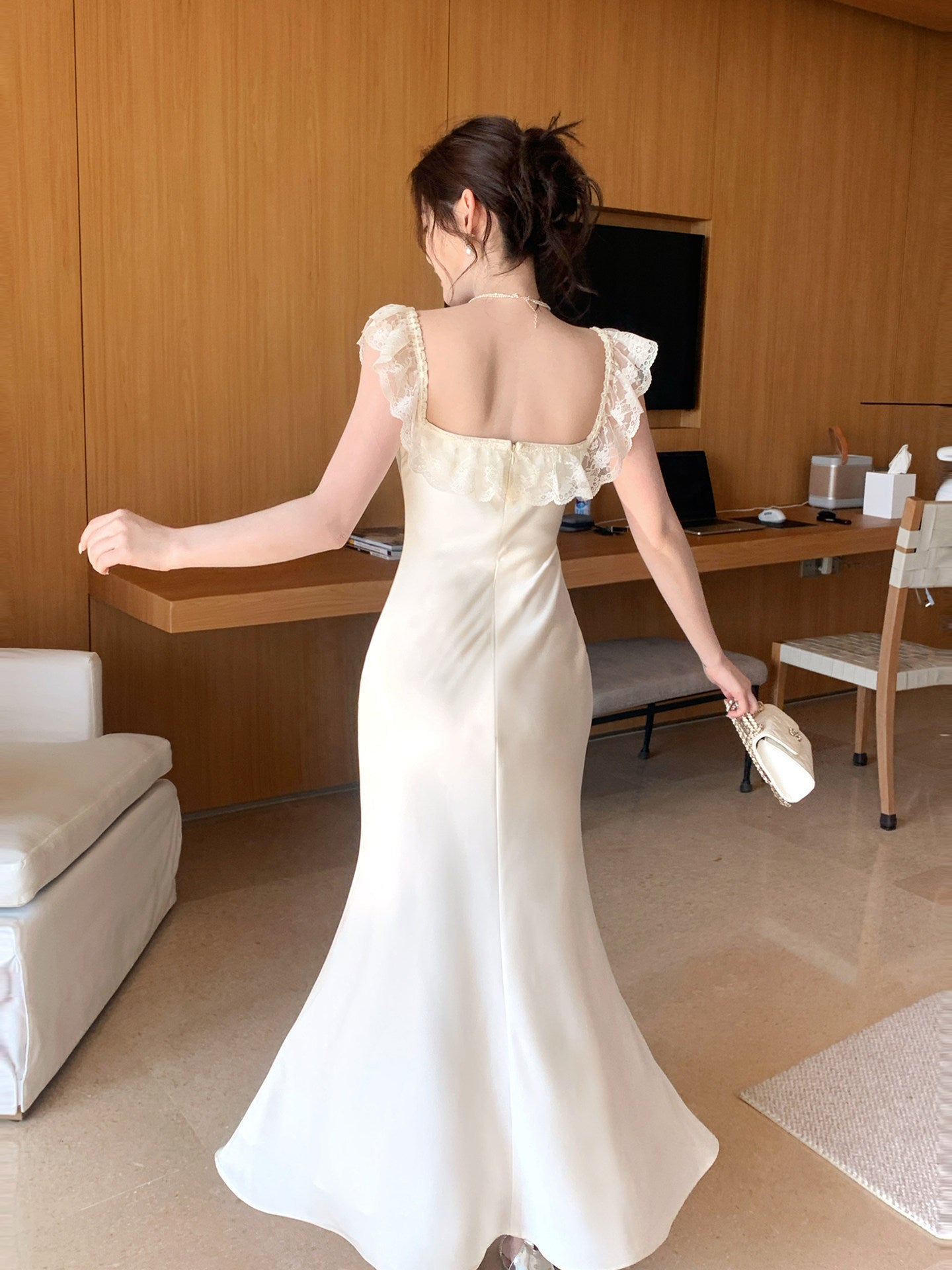 French Style  Satin Lace Square Neck Dress Mermaid  Dress  L67