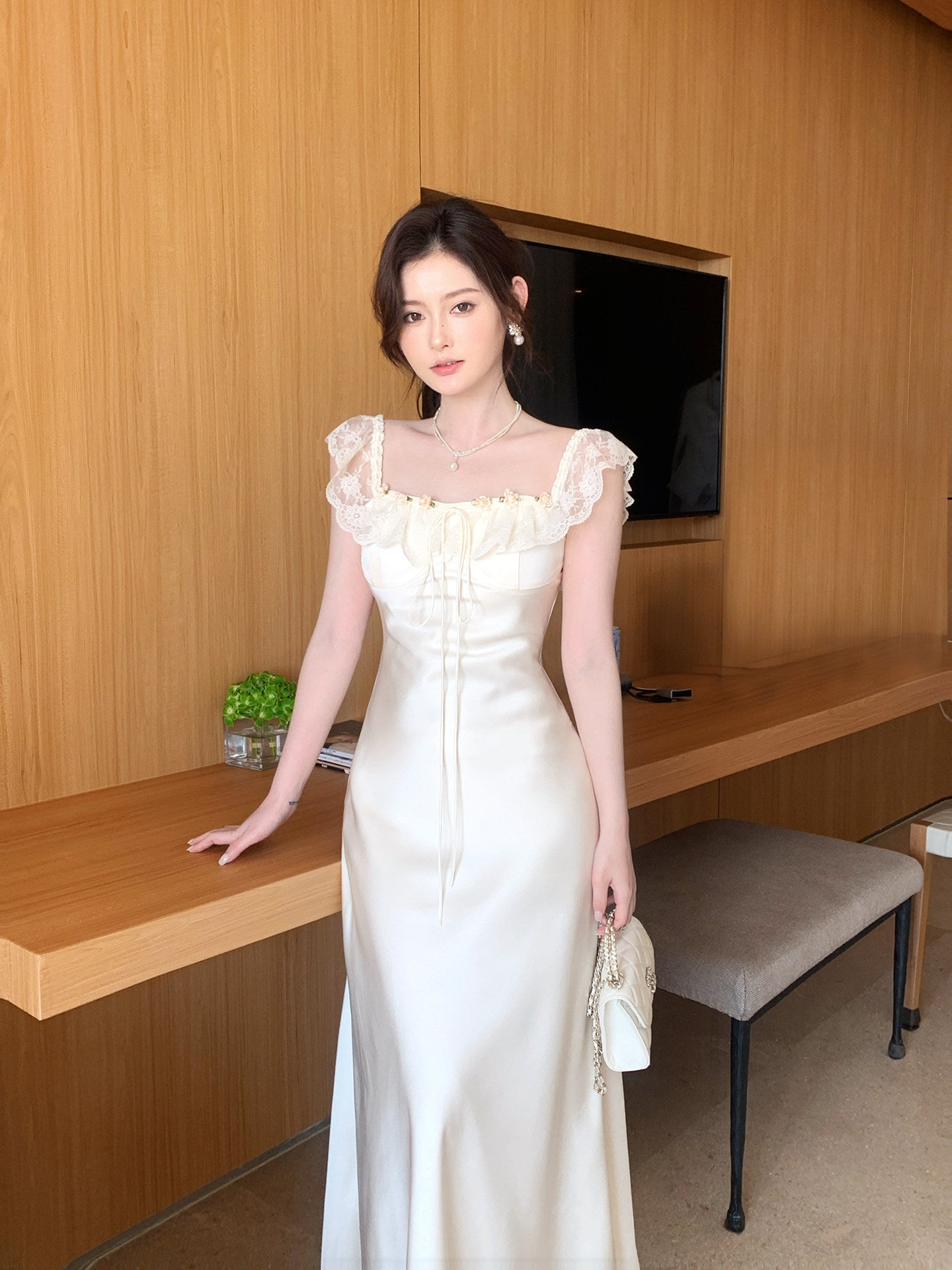 French Style  Satin Lace Square Neck Dress Mermaid  Dress  L67
