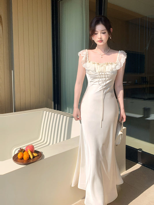 French Style  Satin Lace Square Neck Dress Mermaid  Dress  L67