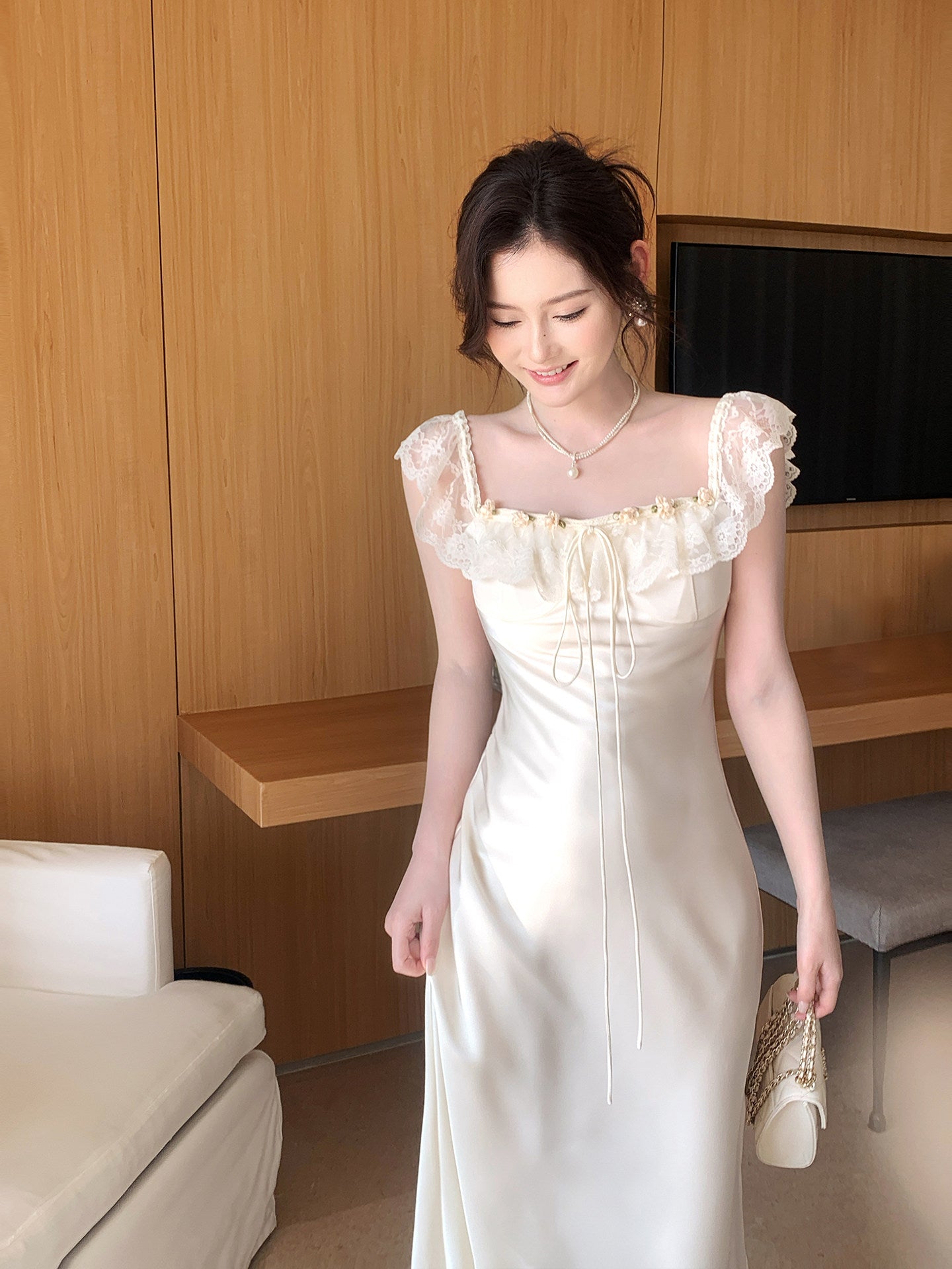 French Style  Satin Lace Square Neck Dress Mermaid  Dress  L67