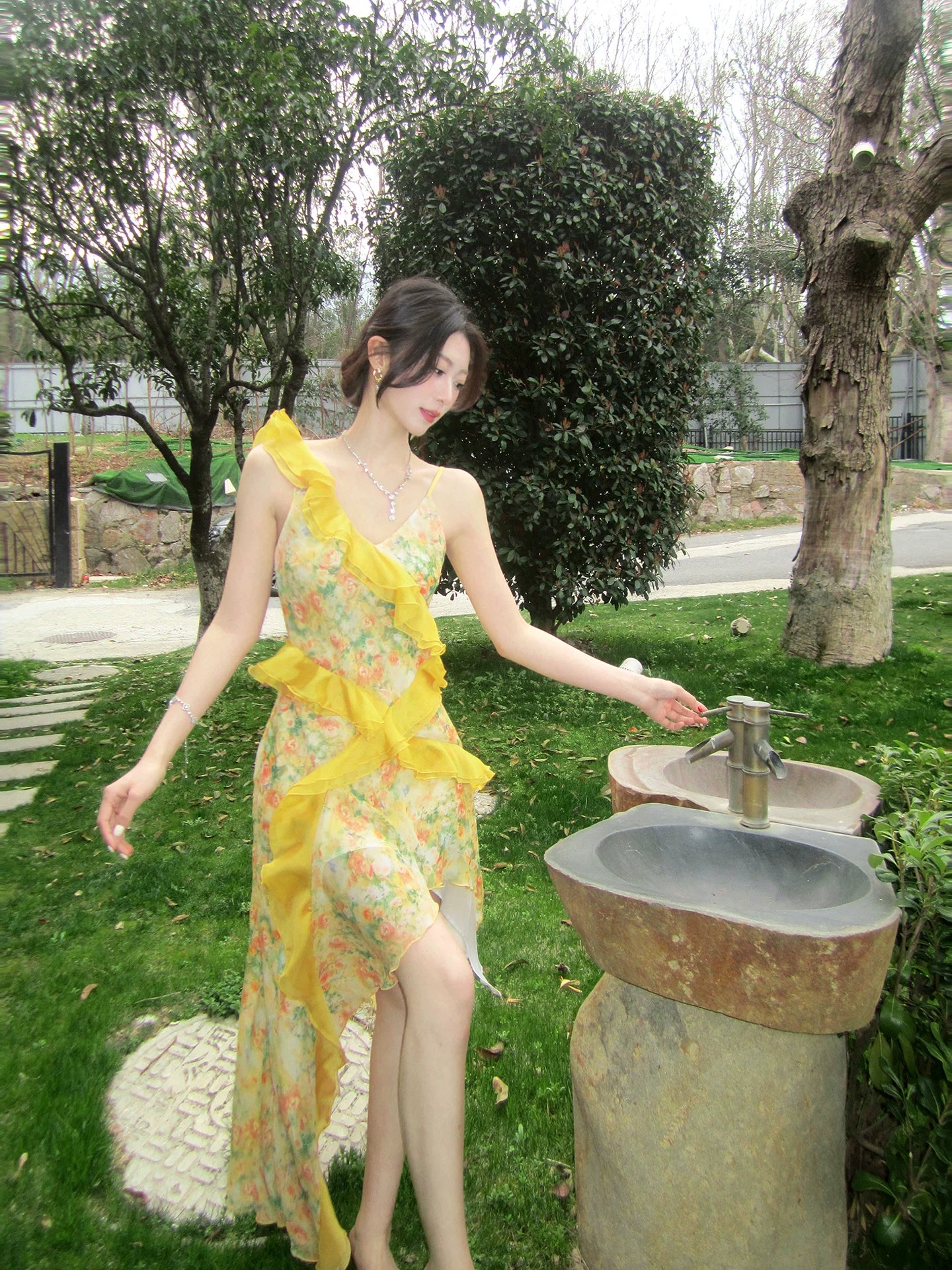 French Style Yellow Floral Print  Dress  Women's Beach Vacation Maxi Dress  L105