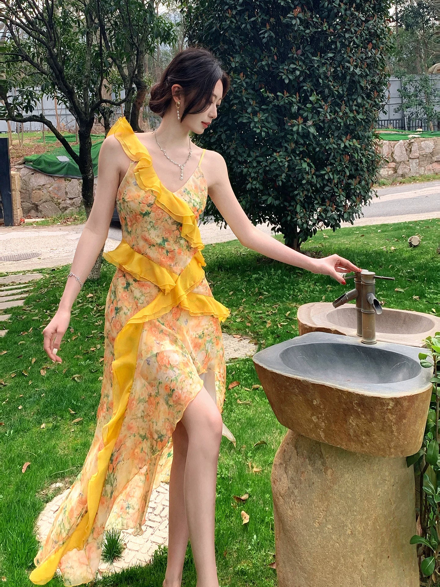 French Style Yellow Floral Print  Dress  Women's Beach Vacation Maxi Dress  L105