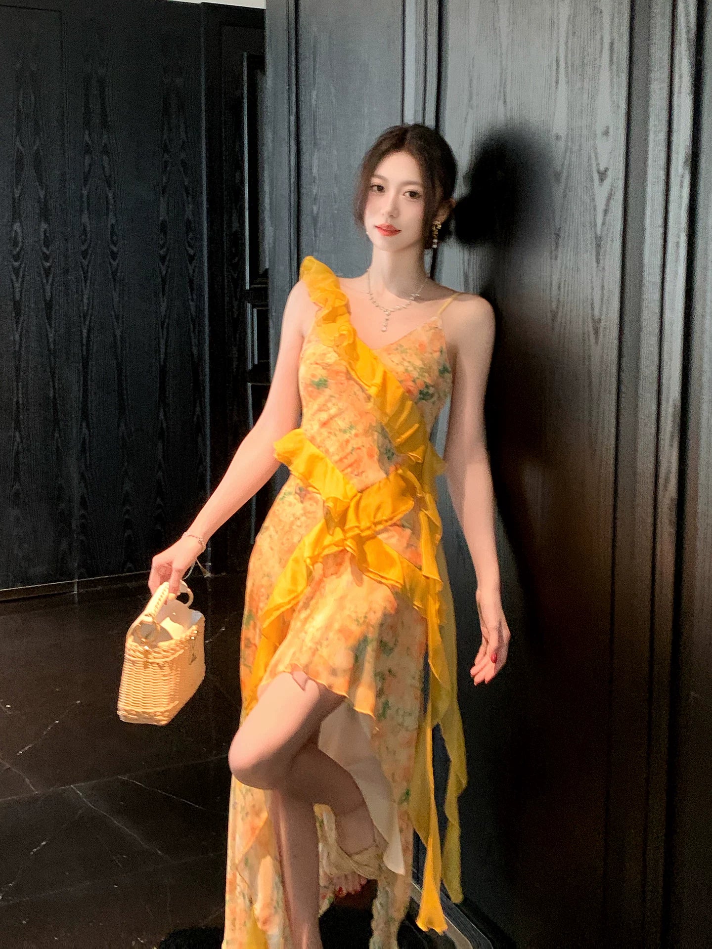 French Style Yellow Floral Print  Dress  Women's Beach Vacation Maxi Dress  L105