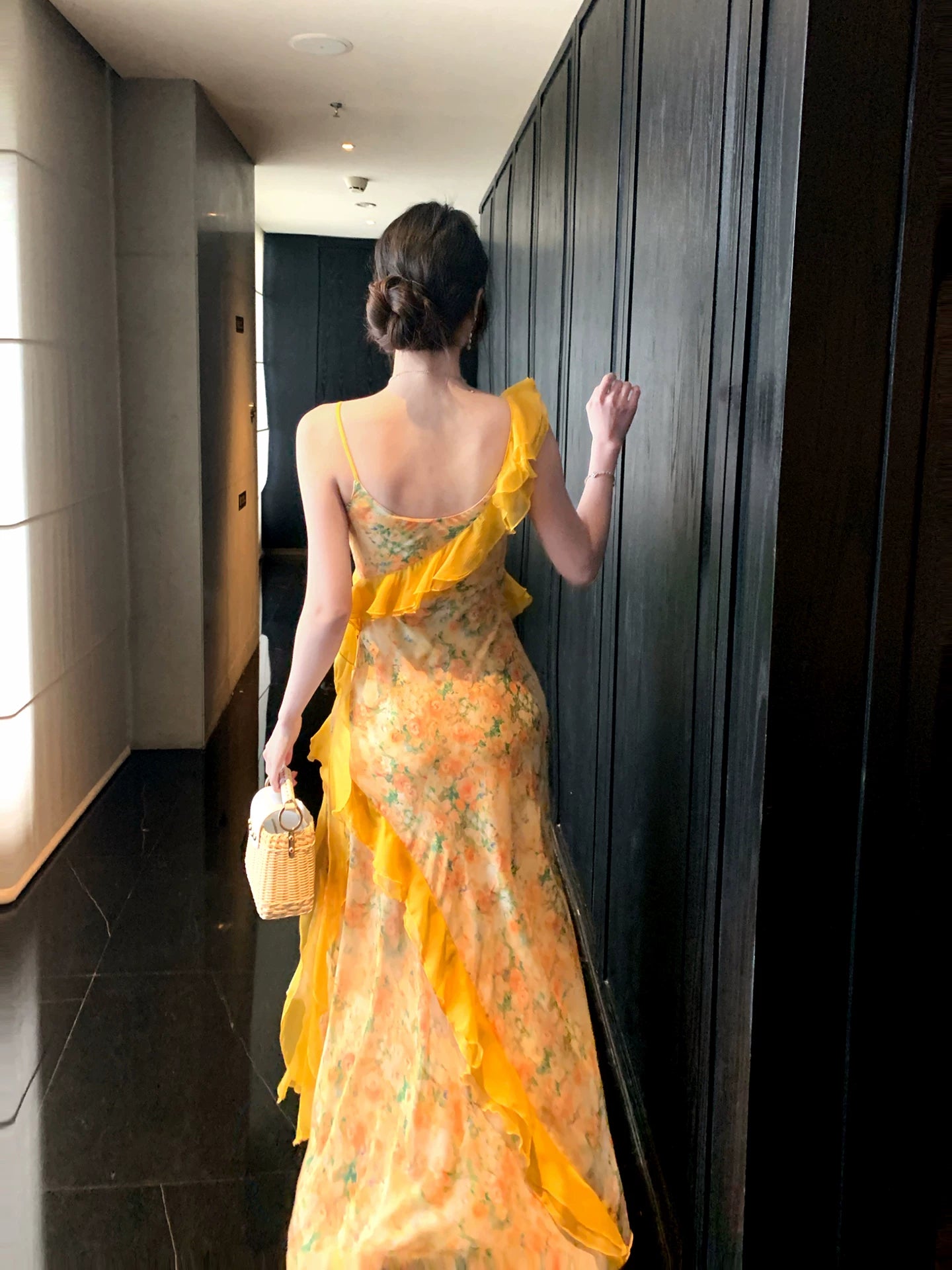 French Style Yellow Floral Print  Dress  Women's Beach Vacation Maxi Dress  L105