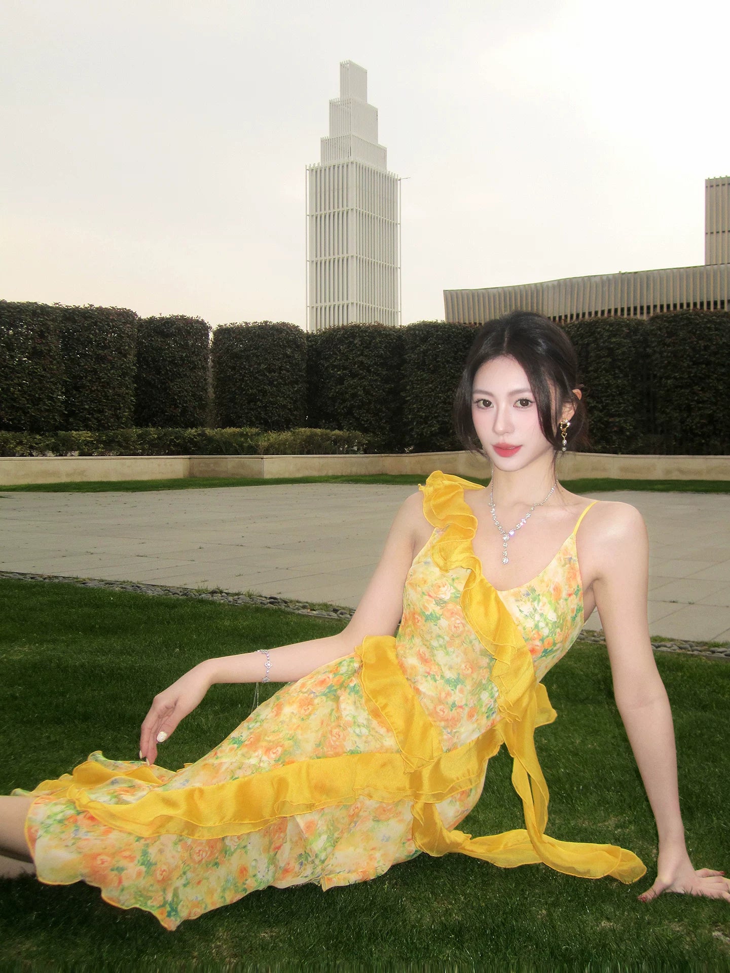 French Style Yellow Floral Print  Dress  Women's Beach Vacation Maxi Dress  L105