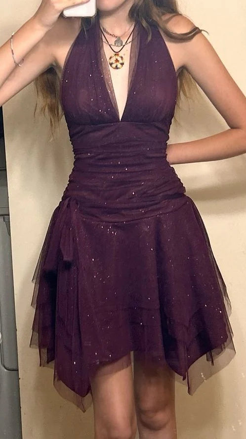 Glitter Purple V-Neck Homecoming Dresses Tulle Birthday Party Dress  P1083