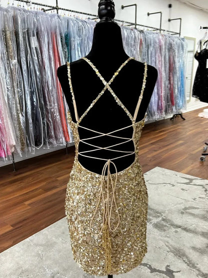 Gold Sequin Sheath Homecoming Dress Short Cocktail Dress  P2300