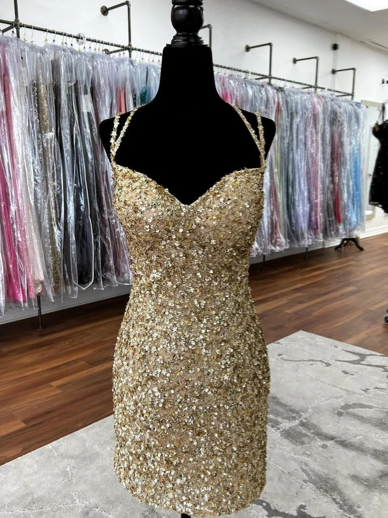 Gold Sequin Sheath Homecoming Dress Short Cocktail Dress  P2300