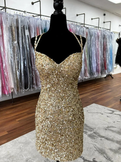 Gold Sequin Sheath Homecoming Dress Short Cocktail Dress  P2300