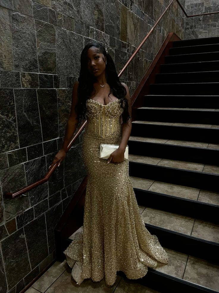 Gold Sequins Mermaid Long Prom Gown Evening Dress  P917