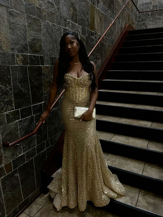 Gold Sequins Mermaid Long Prom Gown Evening Dress  P917