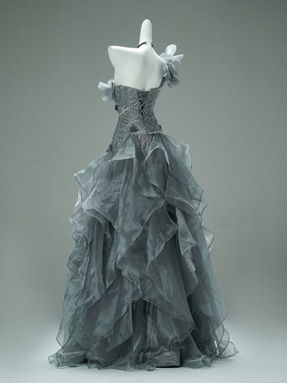 Gray Green Ruffled Birthday Dress Beaded Sweet 16 Quinceanera Dresses  P1182