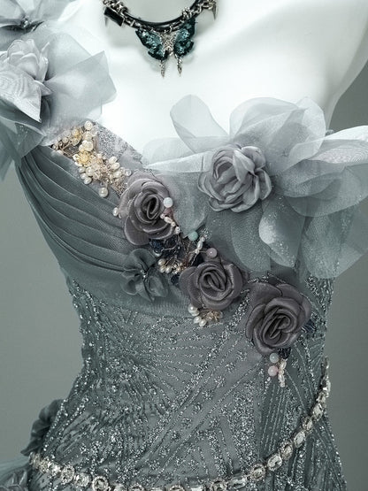 Gray Green Ruffled Birthday Dress Beaded Sweet 16 Quinceanera Dresses  P1182