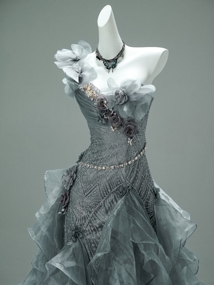 Gray Green Ruffled Birthday Dress Beaded Sweet 16 Quinceanera Dresses  P1182