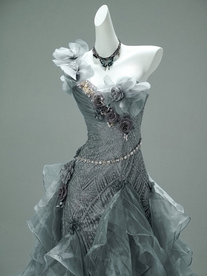 Gray Green Ruffled Birthday Dress Beaded Sweet 16 Quinceanera Dresses  P1182