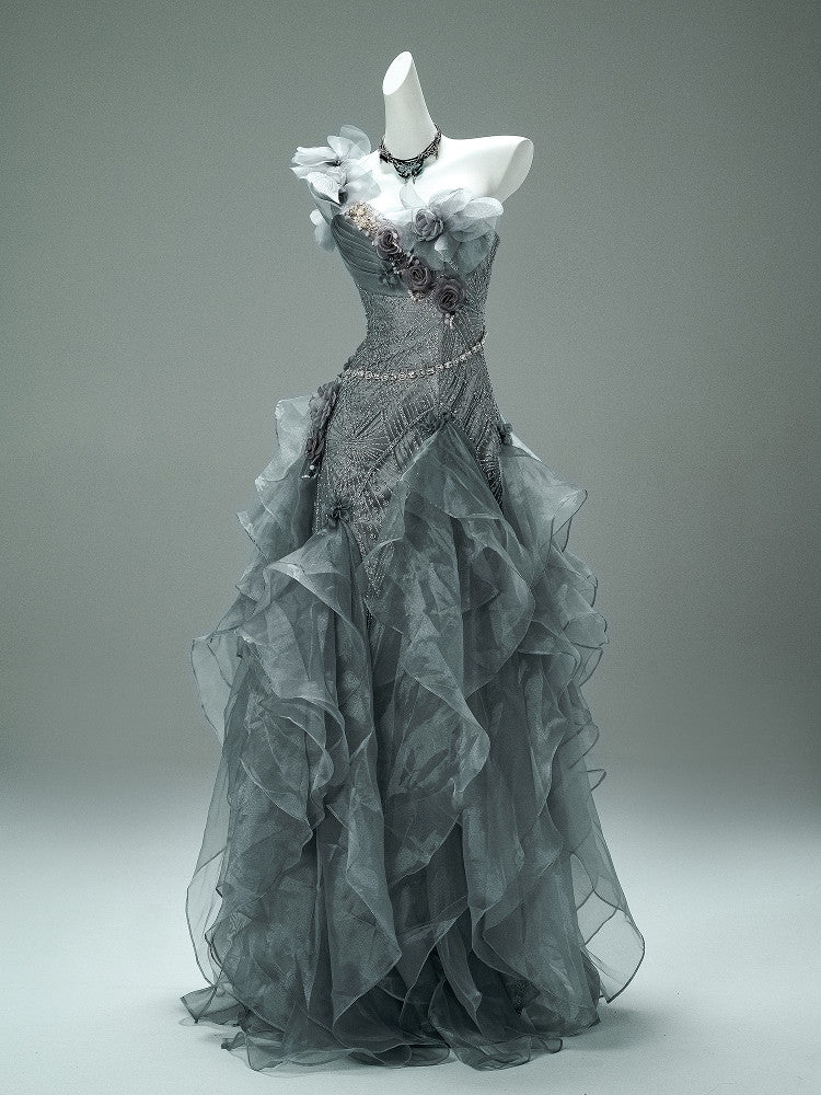 Gray Green Ruffled Birthday Dress Beaded Sweet 16 Quinceanera Dresses  P1182