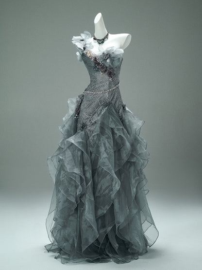 Gray Green Ruffled Birthday Dress Beaded Sweet 16 Quinceanera Dresses  P1182