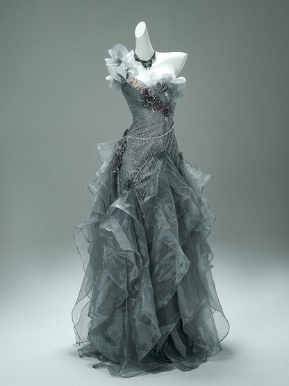 Gray Green Ruffled Birthday Dress Beaded Sweet 16 Quinceanera Dresses  P1182