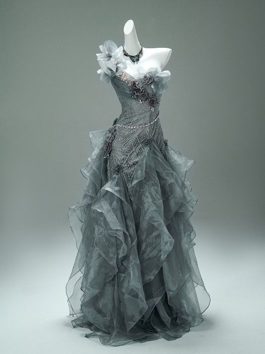Gray Green Ruffled Birthday Dress Beaded Sweet 16 Quinceanera Dresses  P1182