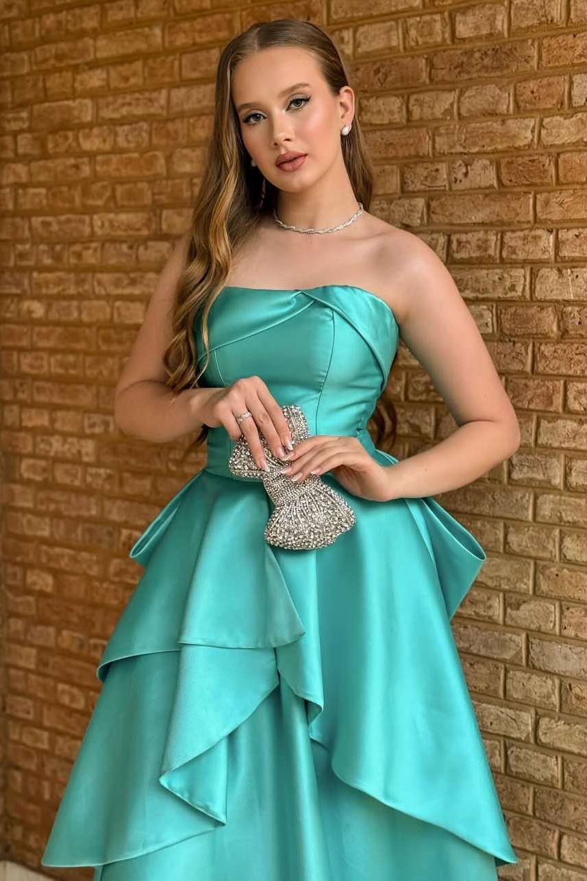 Green A-Line Strapless Ruffles Satin Long Evening Prom Dress   P2577