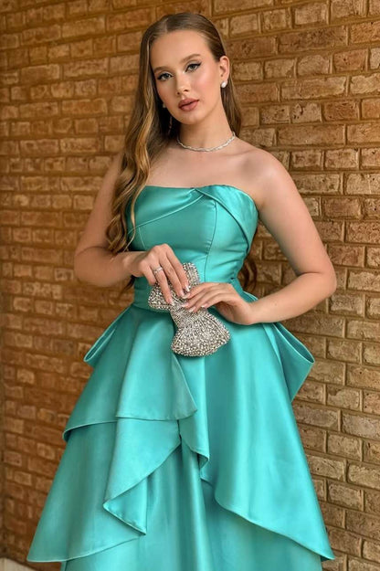 Green A-Line Strapless Ruffles Satin Long Evening Prom Dress   P2577