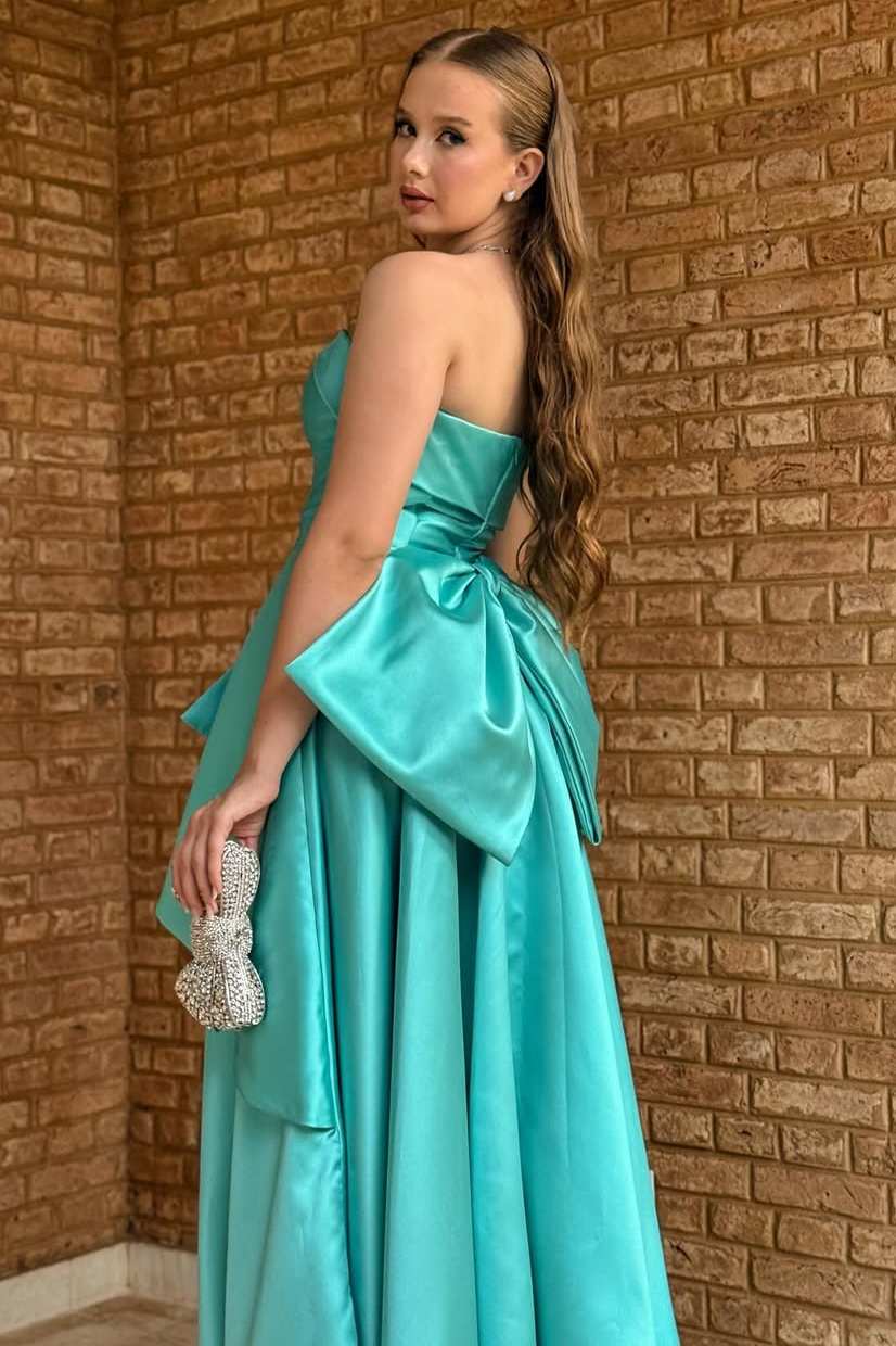 Green A-Line Strapless Ruffles Satin Long Evening Prom Dress   P2577